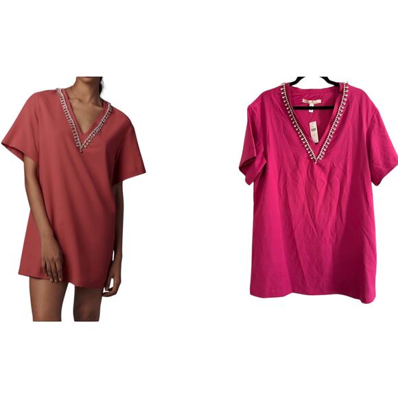 Hutch Anthropologie Rhinestone V-Neck T-Shirt Mini Dress Fuschia Pink - S - NWT - Picture 1 of 7